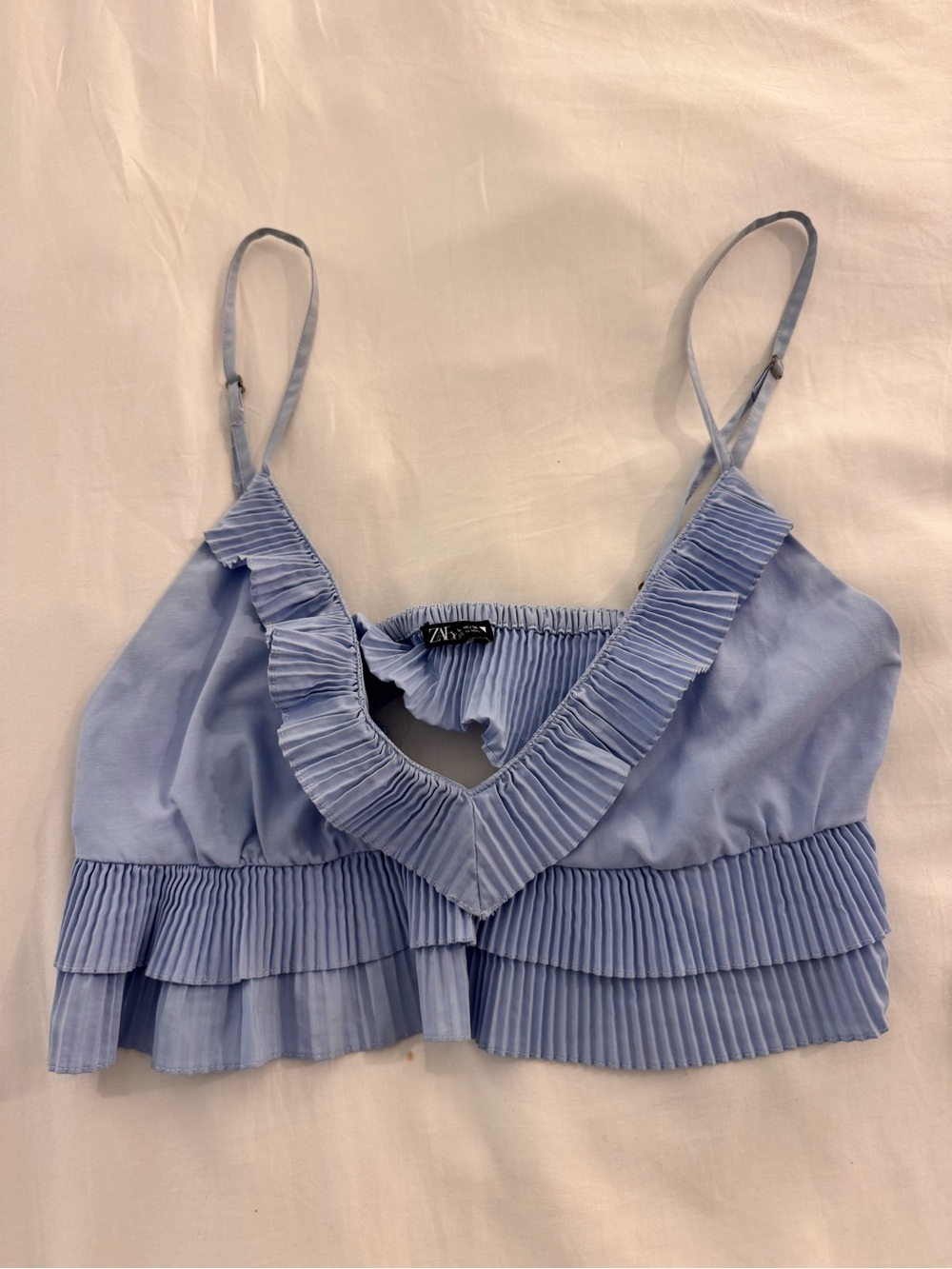 Zara Pale Blue Pleated Ruffle Crop Top